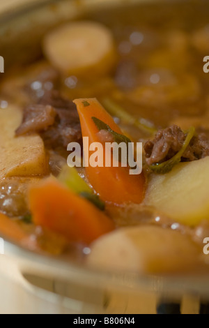 Nahaufnahme von Rindfleisch und Gemüse Eintopf kochen in einer Pfanne aus Stahl Stockfoto