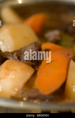 Nahaufnahme von Rindfleisch und Gemüse Eintopf kochen in einer Pfanne aus Stahl Stockfoto