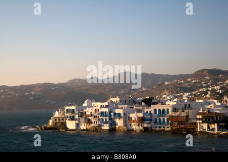 Mykonos, Hafen, venezianischer Architektur, Café, Taverne, Sonnenuntergang, Beautiful, Griechisch, Griechenland, Kultur, Reisen, Sunny, Urlaub, Sonne Stockfoto