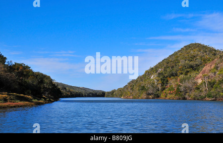 Einen geraden Abschnitt des Flusses Kariega stromaufwärts von Kenton-on-Sea, Südafrika Stockfoto