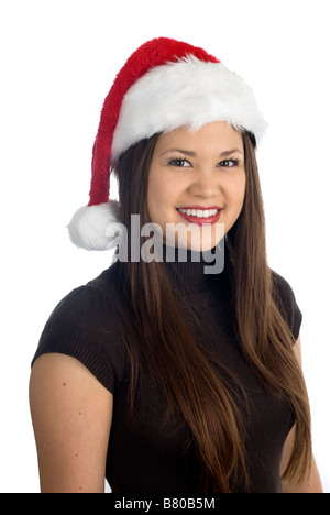 Eine junge schöne asiatische Frau posiert für ein Weihnachts-Porträt beim Tragen einer Weihnachtsmütze Stockfoto