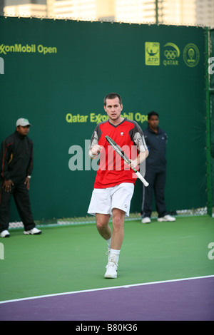 Slowakische Karol Beck in Aktion beim Qatar ExxonMobil Open Tennisturnier Januar 2009 Stockfoto