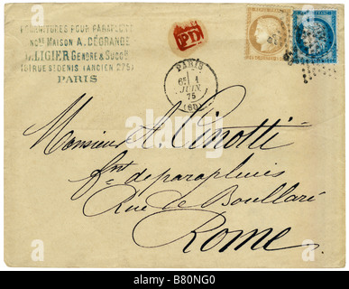 Umschlag mit französischen Briefmarken veröffentlicht 1875 von Paris nach Rom gefaltet. Stockfoto