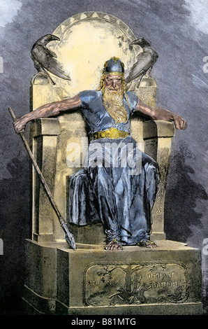 Odin, dem obersten Gott in der nordischen Mythologie. Hand - farbige Holzschnitt Stockfoto