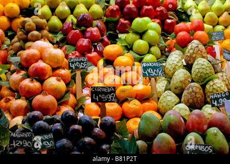 OBST-MARKT "MERCAT DE LA BOQUE" VOR DER RAMBLAS BARCELONA SPANIEN, MERCAT DE LA BOQUERIA LA RAMBLA Stockfoto