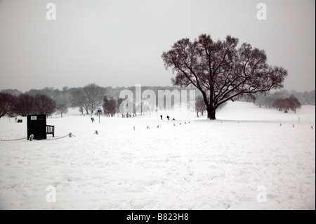 Weiten Winkel-Blick über den Golfplatz in Beckenham Place Park, Lewisham, während der Schnee-Event in London Stockfoto