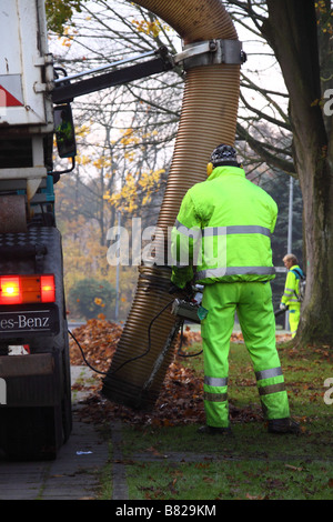 Kollektoren auf JHQ, Rheindahlen klar Blätter von den Straßen im Herbst durch das Saugen sie in einem LKW zu verweigern Stockfoto