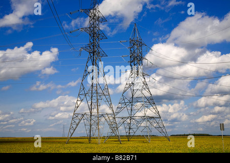 Hydro-elektrischen erhebt sich über einem Soja-Bohne-Feld Stockfoto