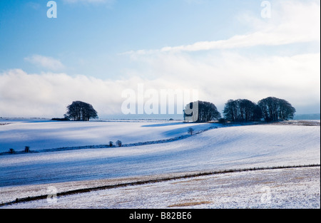 Einen sonnigen verschneiten Landschaftsblick oder eine Filmszene auf Overton Hill in der Nähe von Marlborough Wiltshire England UK Stockfoto