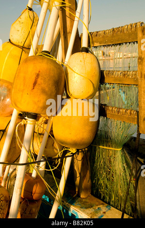 Mexiko SINOLA Zustand MAZATLAN bunten Fischen Bojen, Linien und Haken auf kleinen Fischerboot. Stockfoto