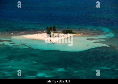 Luftbild Belize Korallenriffe und Insel, Atoll, Paradies, tropische Insel, Palmen, weißer Sand, blaues Wasser, klares Wasser Stockfoto