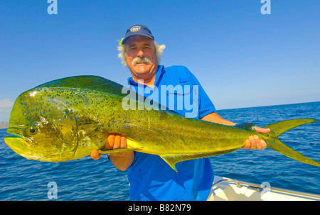 Mexiko SINOLA Zustand MAZATLAN Sport Angeln glücklich Fischer fangen und Anzeigen von Dorado Fische gefangen im Pazifischen Ozean. Stockfoto