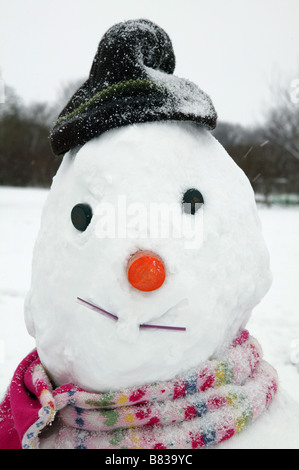 Detail-Nahaufnahme von Schneemann Gesicht einschließlich die Karotte für eine Nase und Flasche Tops für Augen mit lächelnden Gesicht illustriert von Karotte Stockfoto