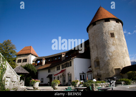 Mittelalterliche Burg von Bled (Blejski Grad) thront auf einem steilen Felsen über dem Bleder See in Gorenjska, Slowenien Stockfoto