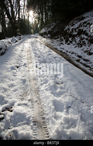 Auto Reifenspuren im Schnee auf einem Wald Lane, Surrey, England. Stockfoto