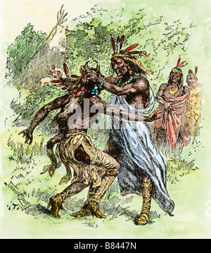 Tecumseh sein Bruder, der Prophet, an den Haaren ziehen. Hand - farbige Holzschnitt Stockfoto