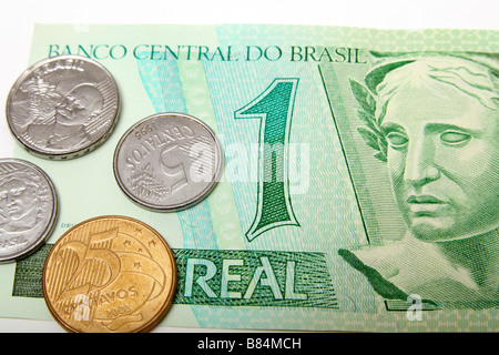 Brasilien Reais Geld Währung Papierrechnung und Münzen Stockfoto