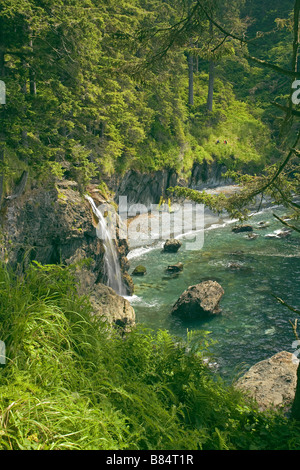 BRITISH COLUMBIA - Wasserfall an der Küste der Straße von Juan De Fuca von Juan de Fuca Marine Trail betrachtet. Stockfoto