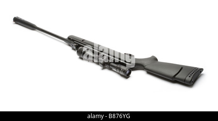 Luftgewehr mit Zielfernrohr und Schalldämpfer. Stockfoto