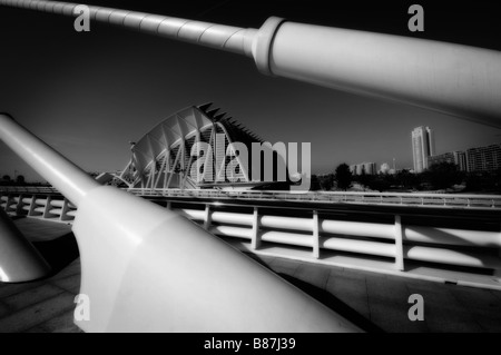 Museu de Les Ciències Príncipe Felipe von der neuen 'L'Assut de l ' oder'-Brücke aus gesehen. Stadt der Künste und Wissenschaften. Valencia. Spanien Stockfoto