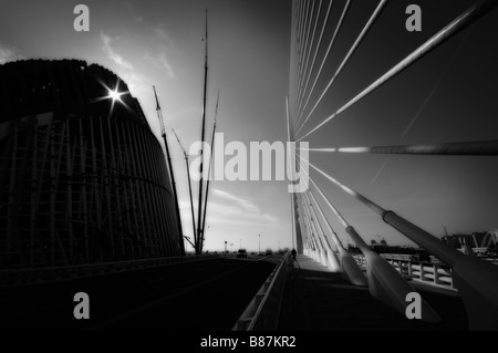 Gebäude "Agora" und 'L'Assut de l ' oder' Brücke (beide von Santiago Calatrava). Stadt der Künste und Wissenschaften Komplex. Valencia. Spanien. Stockfoto