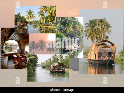 Zusammengesetztes Bild zeigt verschiedene Aspekte auf den Backwaters von Kerala in Südindien. Stockfoto