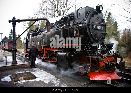 Historische Dampflok der Harzer Schmalspurbahn Eisenbahn Brennstoffe in drei Annen-Hohne am Brocken, Ostdeutschland Stockfoto