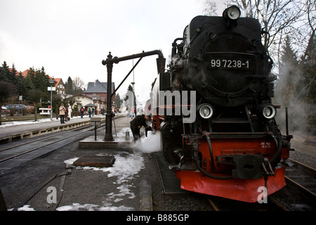 Historische Dampflok der Harzer Schmalspurbahn Eisenbahn Brennstoffe in drei Annen-Hohne am Brocken, Ostdeutschland Stockfoto