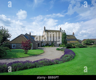 Außenseite des großen Einfamilienhaus mit geschotterten Zufahrt und Garten in voller Blüte und blauer Himmel Stockfoto