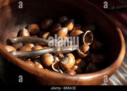 Nahaufnahme der Haselnüsse in Schale mit Nussknacker Stockfoto