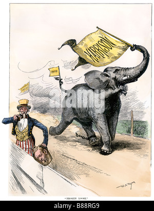 Benjamin Harrison als Republikaner Elefant weg brechen mit der Präsidentschaftskandidatur 1888. Hand - farbige Holzschnitt von W.A. Rogers Cartoon Stockfoto