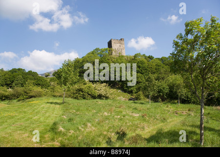 Dolwyddelan Burg liegt auf einem Hügel mit Blick auf die A470 Straße in der Nähe von Dolwyddelan Dorf in Conway County im Norden von Wales. Stockfoto