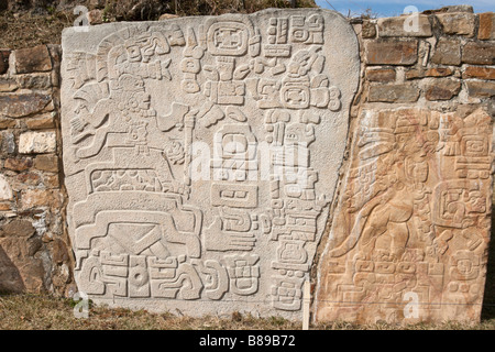 Alten Zapoteken Relief mit Hieroglyphen an der Wand in Monte Alban, Mexiko Stockfoto