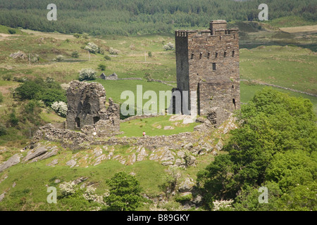 Dolwyddelan Burg liegt auf einem Hügel mit Blick auf die A470 Straße in der Nähe von Dolwyddelan Dorf in Conway County im Norden von Wales. Stockfoto