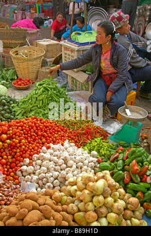 Frau verkaufen Gemüse in Phosy Markt, Luang Prabang, Laos Stockfoto