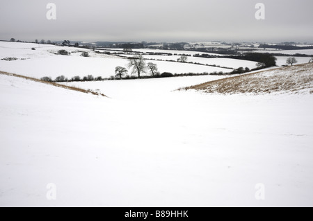 Schnee auf der Lincolnshire Wolds, in der Nähe von Donington auf Bain, Lincolnshire, Vereinigtes Königreich. Stockfoto