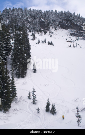 Eine Frau rutscht den Hügel hinunter zu den Wasserfällen von Nerada Parkplatz auf dem Mt. Rainier Stockfoto