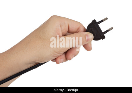 Foto von einer Hand und einem Stecker auf weißem Hintergrund Stockfoto