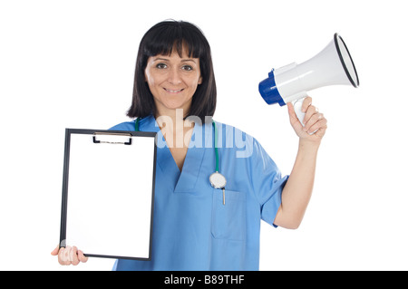 Frau Doktor mit Megaphon und Zwischenablage ein weißer Hintergrund Stockfoto