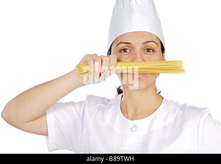 attraktive Köchin Frau ein weißer Hintergrund Stockfoto