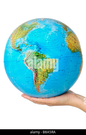 Foto von einer Darstellung des Planetenerde auf Händen Stockfoto