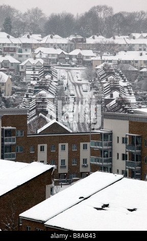 Winter Schnee bedeckten, aerial Blick auf Ellerdale Straße in Richtung Hilly Fields Park, Lewisham Stockfoto