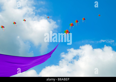 Bunte Drachen mit langen lila Bändern schweben dahinter, aufgenommen auf dem Bristol Kite Festival im Sommer Stockfoto