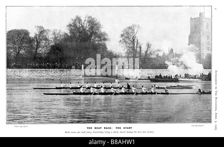 Boat Race starten 1905 Foto der Universität Boote aus Putney Cambridge knapp vor Oxford Stockfoto