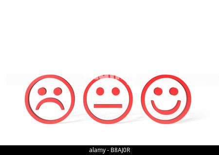 Drei rote Smileys: (unglücklich, neutral, glücklich) vor einem weißen Hintergrund. Stockfoto