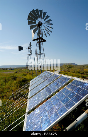 Solarzellenverkleidungen erzeugen Strom auf abgelegenen Bauernhof Nieutville Northern Cape in Südafrika Stockfoto