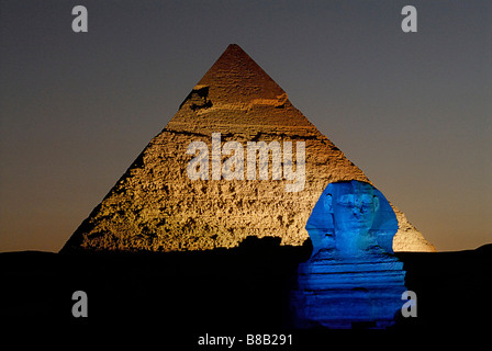 Son Et Lumiere Show beleuchtet, die Sphinx und die Pyramiden von Ägypten Ghiza Stockfoto