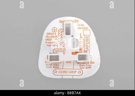 Bordnetz-Label und Kunststoffabdeckung auf eine britische drei Pin Stecker Stockfoto