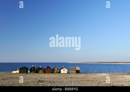 Kleine Hütten am Strand von Färöer Schweden Mai 2008 Stockfoto