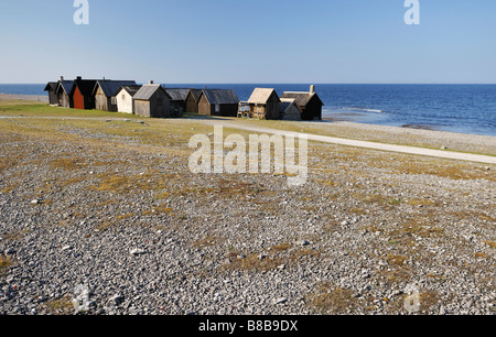 Kleine Hütten am Strand von Färöer Schweden Mai 2008 Stockfoto